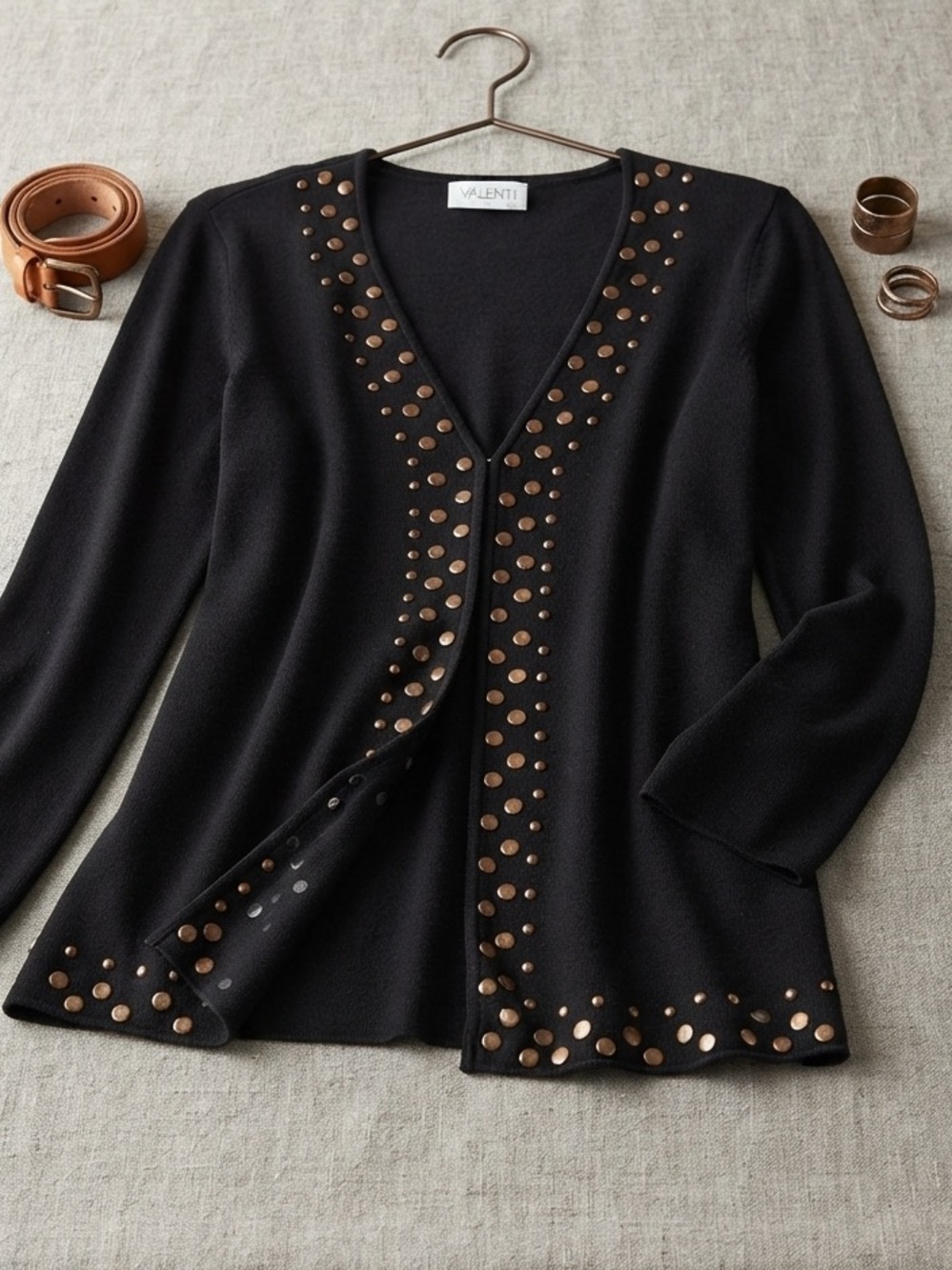 Valenti Bronze Studded Black Open Front Cardigan
